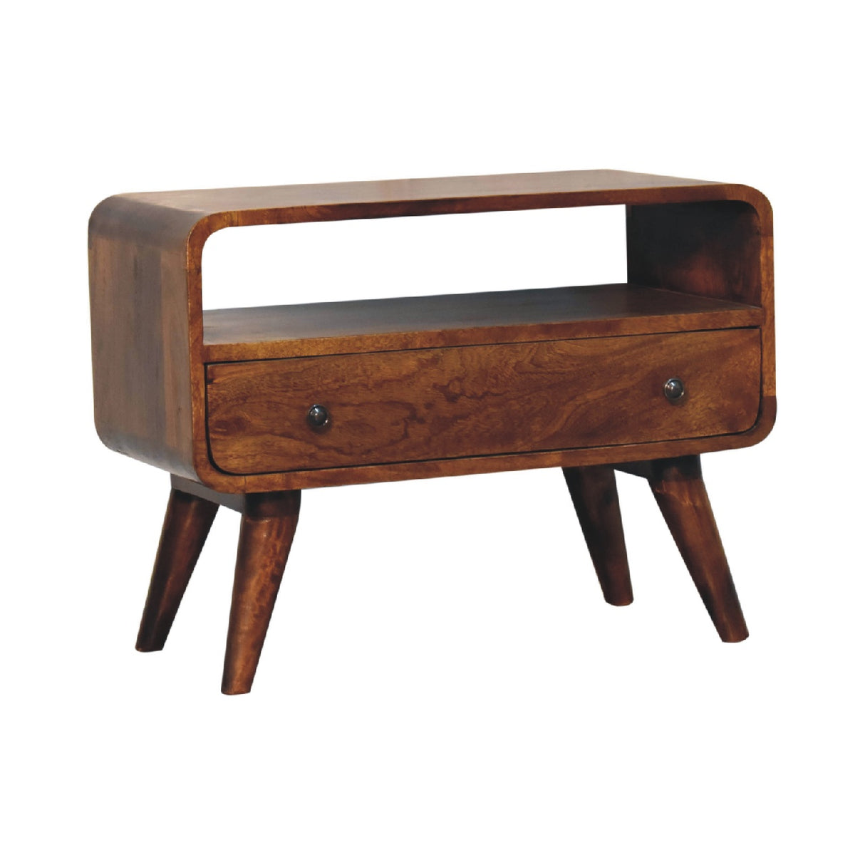 Solid Wood Mini Curved Media Unit, Chestnut, 1-Drawer, 1 Open Slot