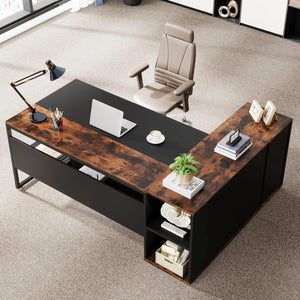 L-Shaped Executive Desk With Storage Cabinet & Shelves, Home Office Workstation With Cpu Stand And Printer Station - Brown / Black