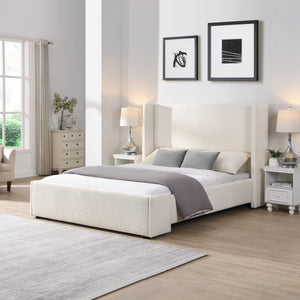Elegant White Fabric Upholstered Wingback Bed, Queen