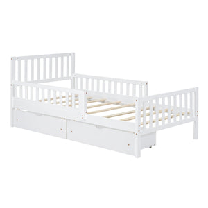 Platform Bed With Guardrails On Both Sides And 2 Storage Drawers
