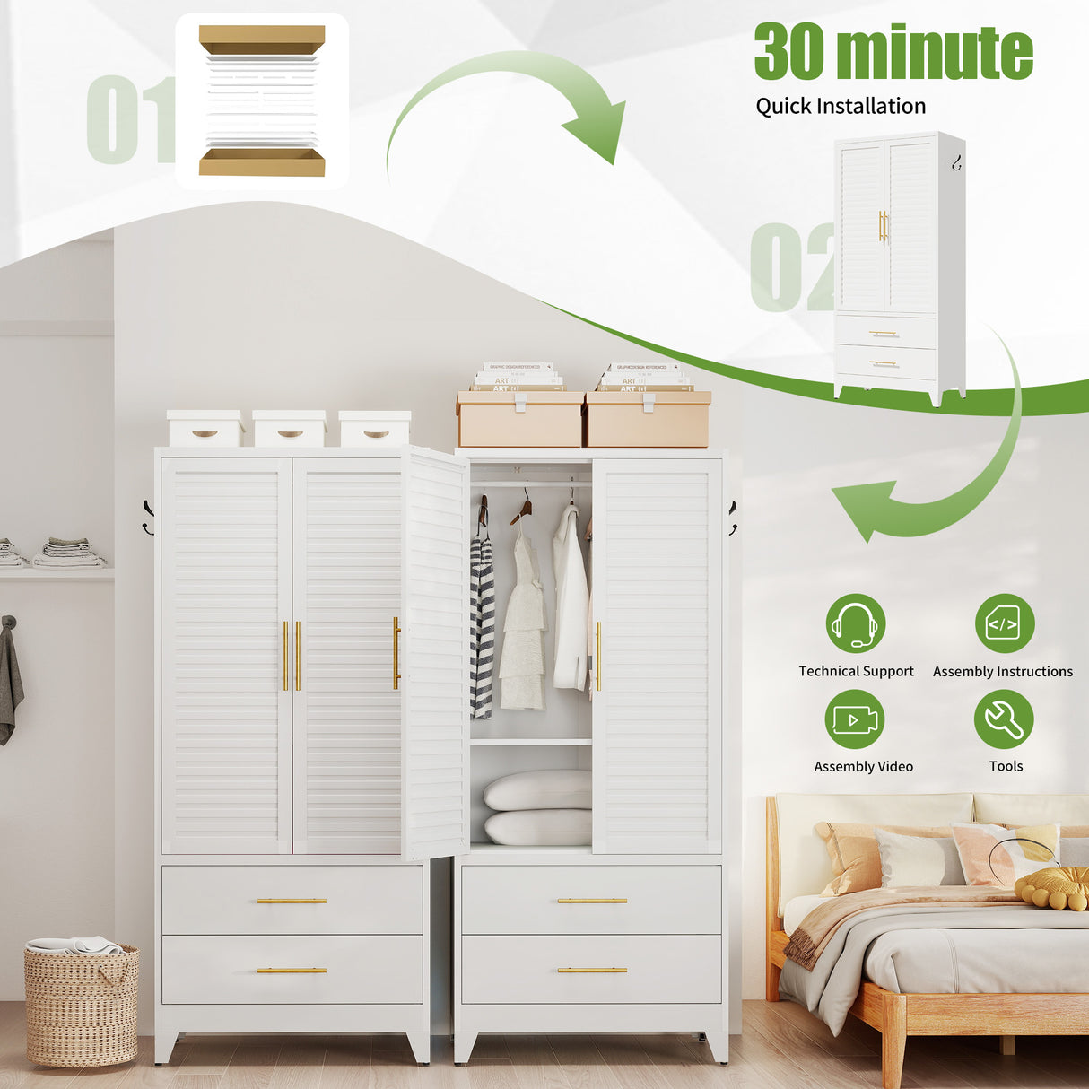 White Metal Wardrobe Closet with 2 Doors and Drawers