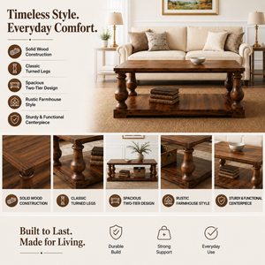 Farmhouse Coffee Table with Storage Shelf, Solid Pine Wood Turned Legs, Walnut