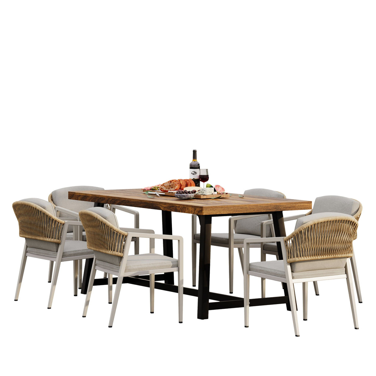 Outdoor Dining Set Acacia Wood Table with 6 Rattan Iron Chairs - Black / Natural / Gray