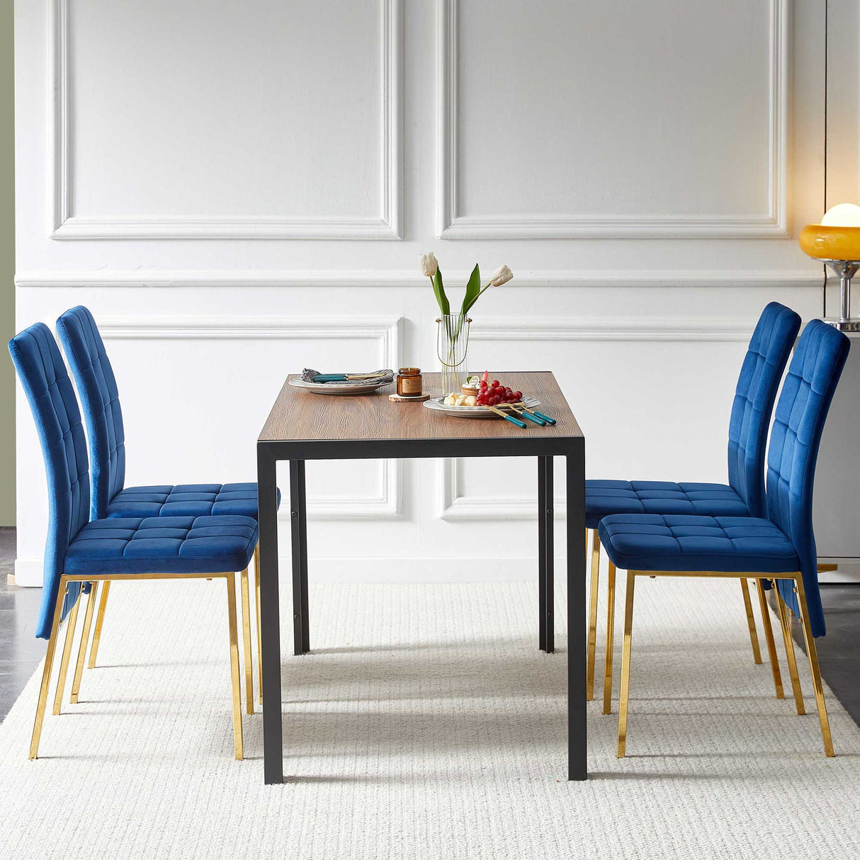 5 Pieces Dining Set Including High Back Color Legs Nordic Dining Chair & Creative Design Dining Table