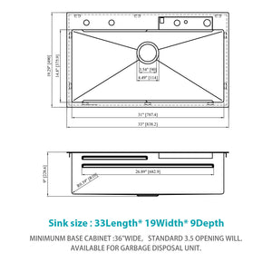 33" Stainless Steel Single Bowl Kitchen Sink With Waterfall Flow
