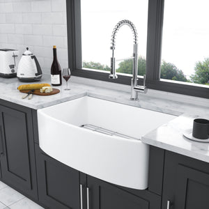 Ceramic Farmhouse Sink, Apron Front Single Bowl With Arch Edge