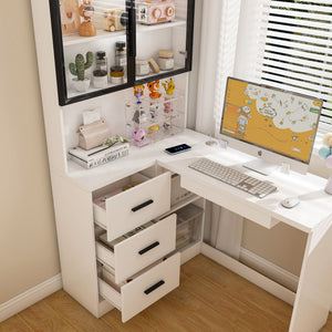 L-Shaped Computer Desk With Glass Cabinets, Built In LED Lights, USB Charging Ports