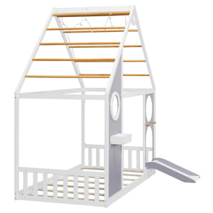 Twin House Bed with Slide and Light Strip