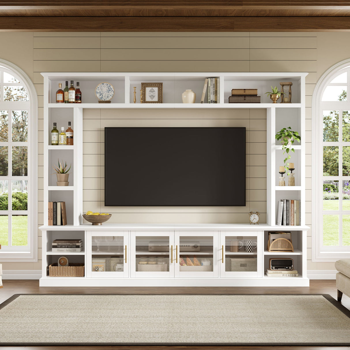 All-In-One Entertainment Center With Bookshelves & Tempered Glass Doors, TV Console Unit For Living Room