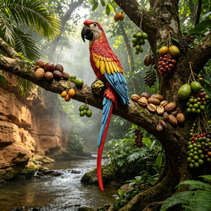 Hanging Scarlet Macaw Parrot Statue, 38'' Lifelike Hand-Painted Resin Bird Figurine Weatherproof Outdoor Tropical Sculpture for Porch, Balcony, Tree & Patio Garden Yard Decor, Cute Animal Ornament Gi