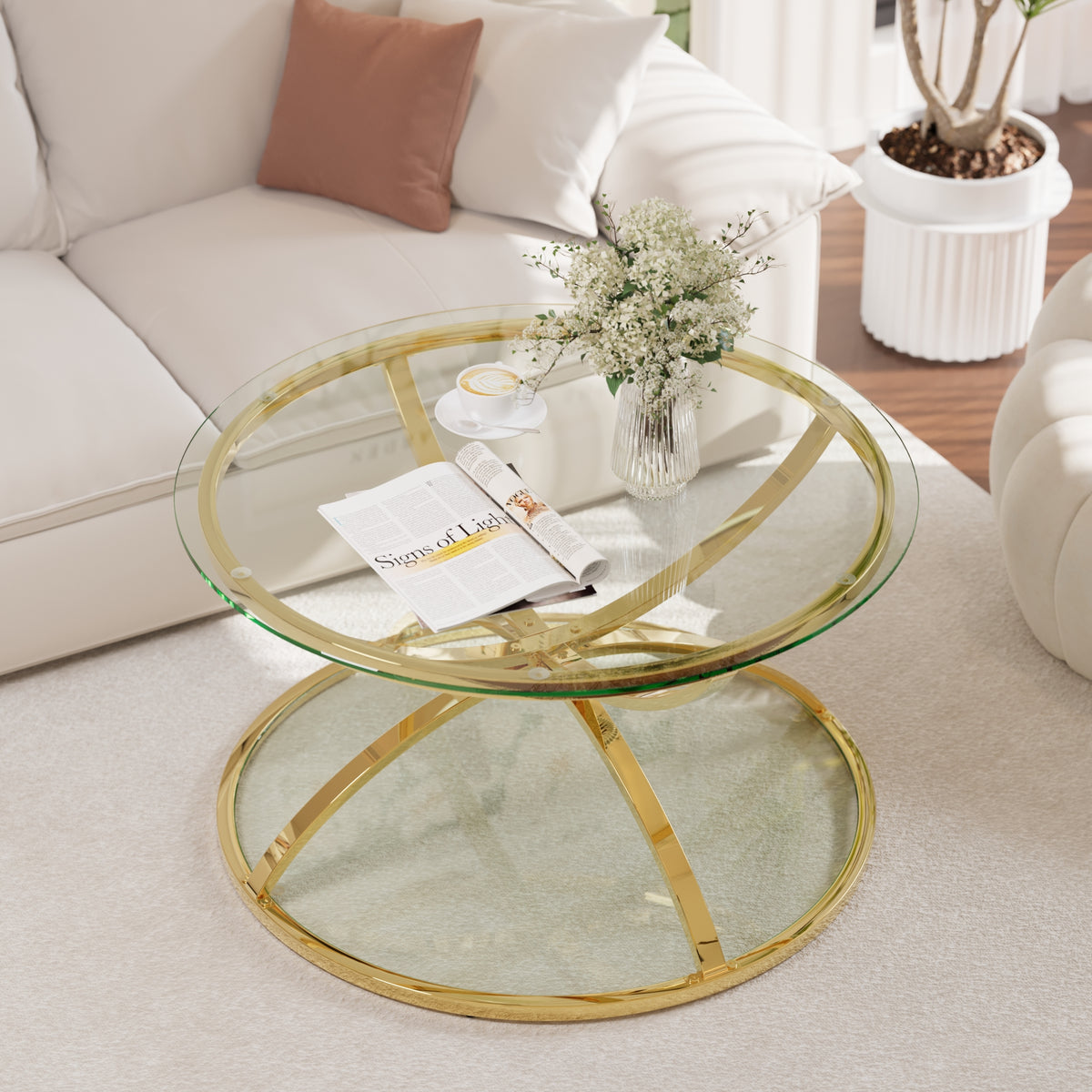 31.50'' Modern Glass Coffee Table with 2 Tiers
