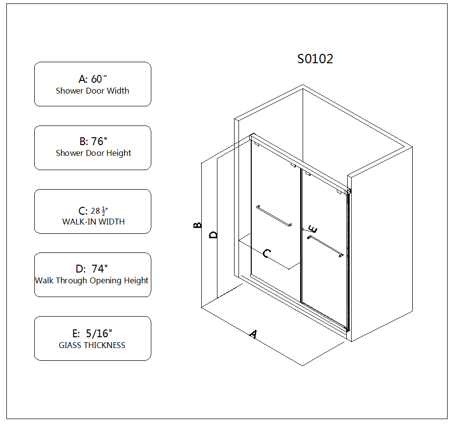 6076 Inch North American Frameless Double Sliding Matte Shower Door