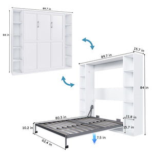 Queen Murphy Bed With Storage Cabinet, Foldable Wall Bed For Bedrooms - White