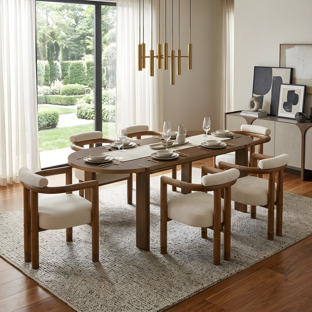 7 Pieces Modern Oval Dining Set - Rustic Farmhouse Solid Wood