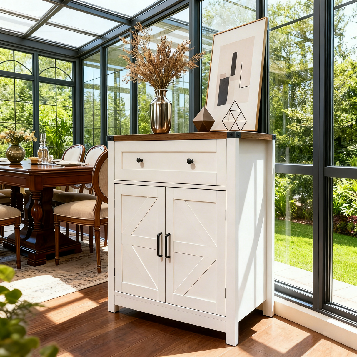 White & Wood-Grain Top Farmhouse Barn-Door Storage Cabinet
