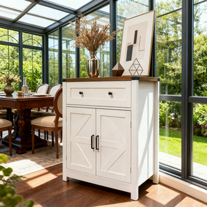 White & Wood-Grain Top Farmhouse Barn-Door Storage Cabinet
