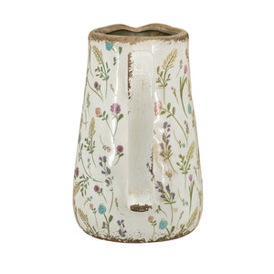 8.1x5.7x9.1" Round Ceramic Pitcher Vase with Multi-Colored Floral Motifs