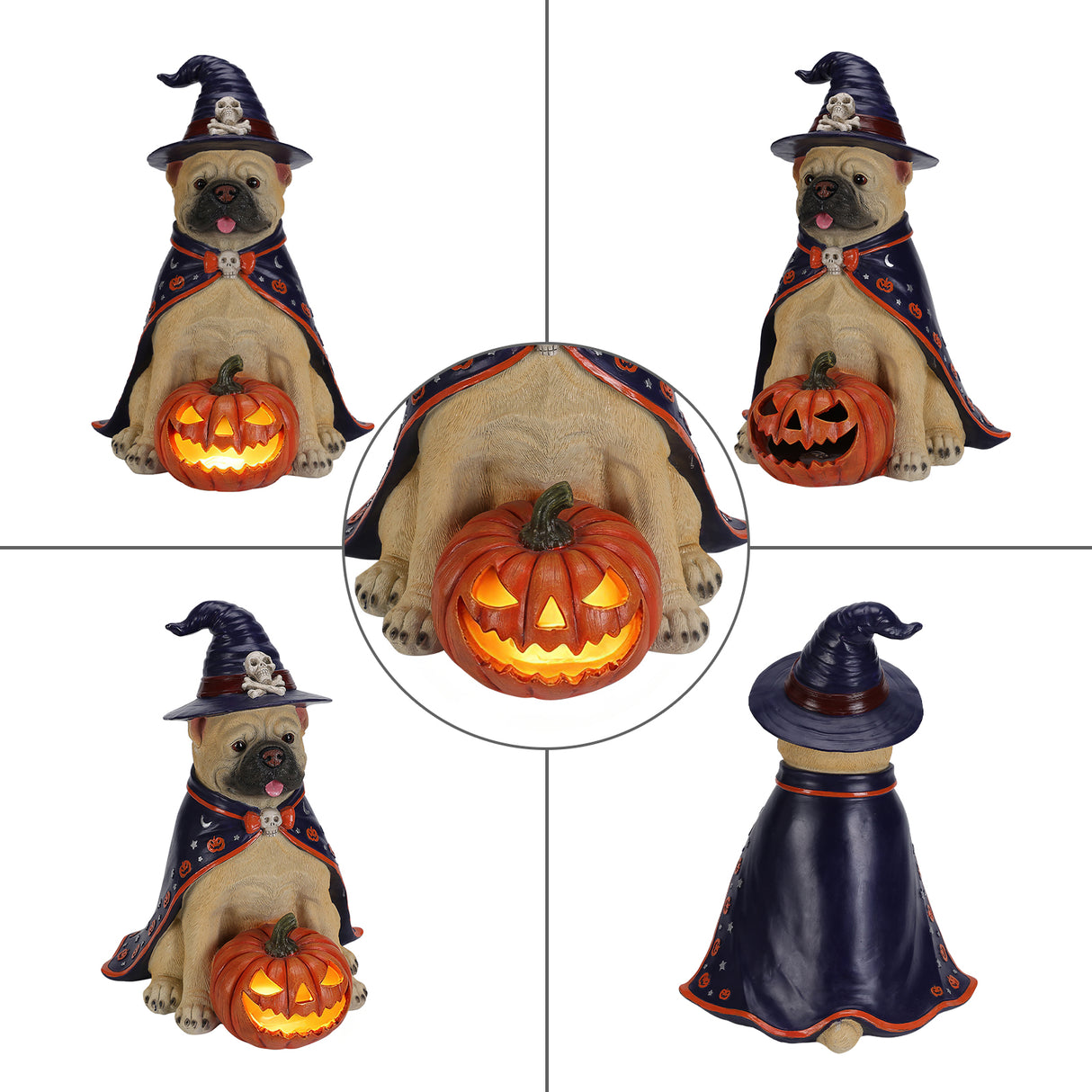 Halloween Bulldog Witch Statue, LED Light Up Jack-O-Lantern Pumpkin