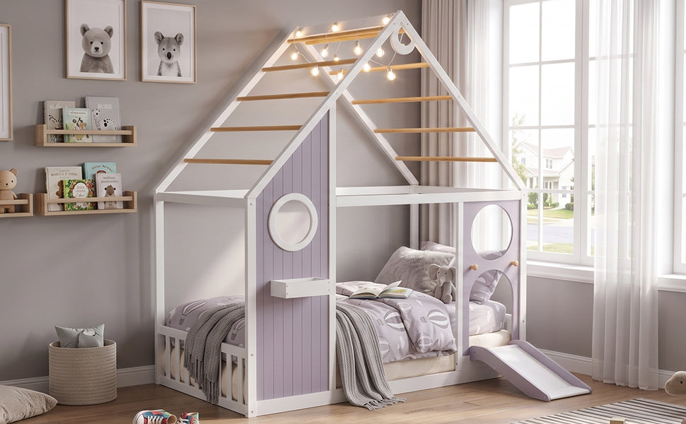 Twin House Bed with Slide and Light Strip