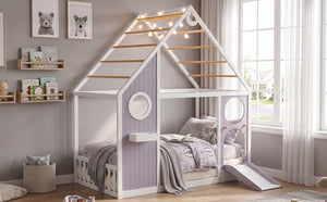Twin House Bed with Slide and Light Strip