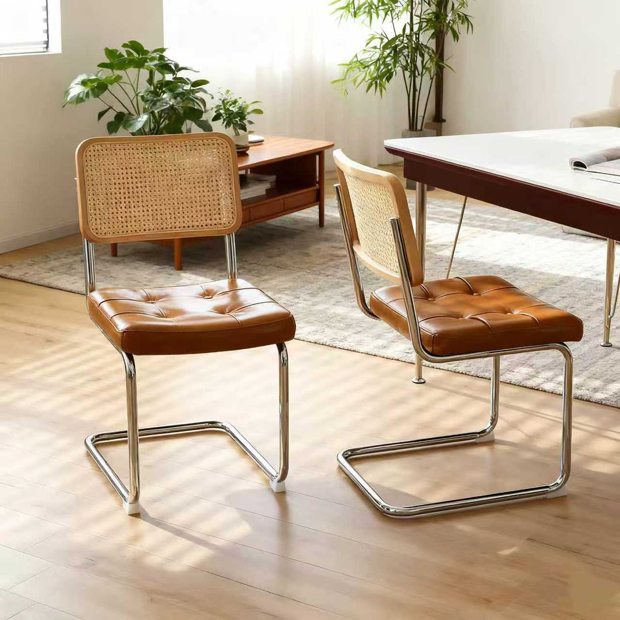 Dining Chairs Set of 2, Faux Leather Rattan Side Accent Chairs