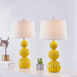 28-Inch Ceramic Table Lamps Set of 2, Modern Triple Gourd, Yellow with White Shade