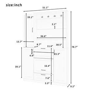 Entryway Bench With Integrated Shoe Cabinet, 3 In 1 Design And Mirrored Cabinet Door, Hall Tree With 4 Sturdy Hooks And Foldable Seat For Entrance, Living Room - White