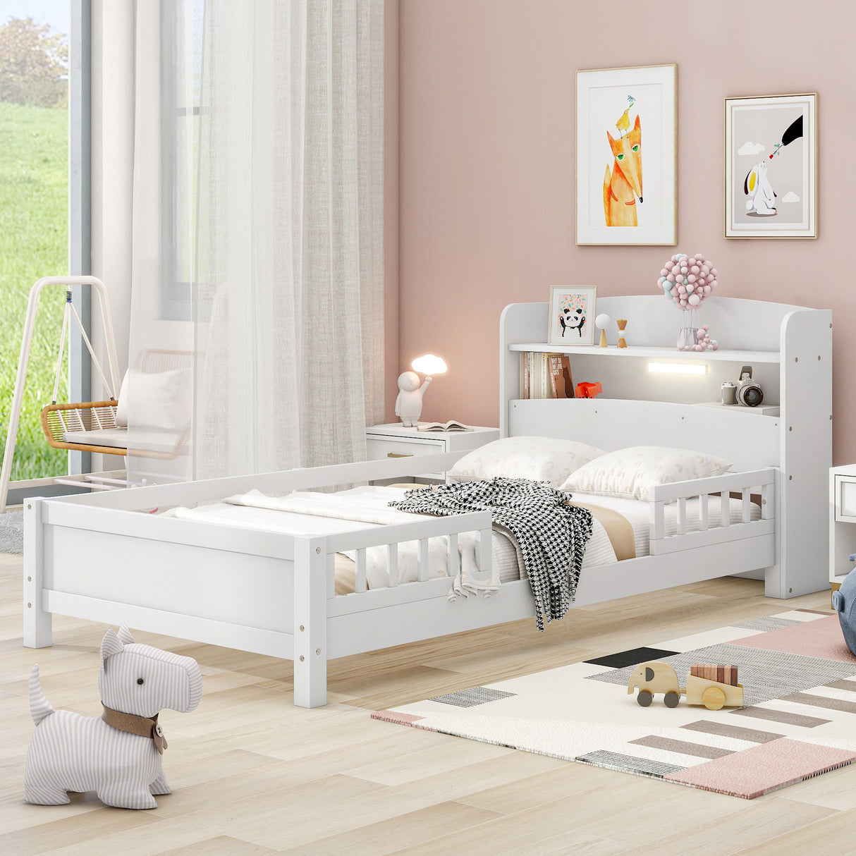 Wood Platform Bed With Built In LED Light, Storage Headboard And Guardrail
