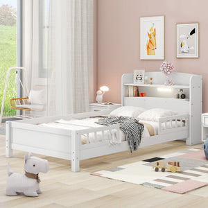 Wood Platform Bed With Built In LED Light, Storage Headboard And Guardrail