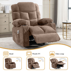 Oversized Massage Swivel Recliner Chair with Lumbar Heating, Cup Holders & USB - Brown or Gray