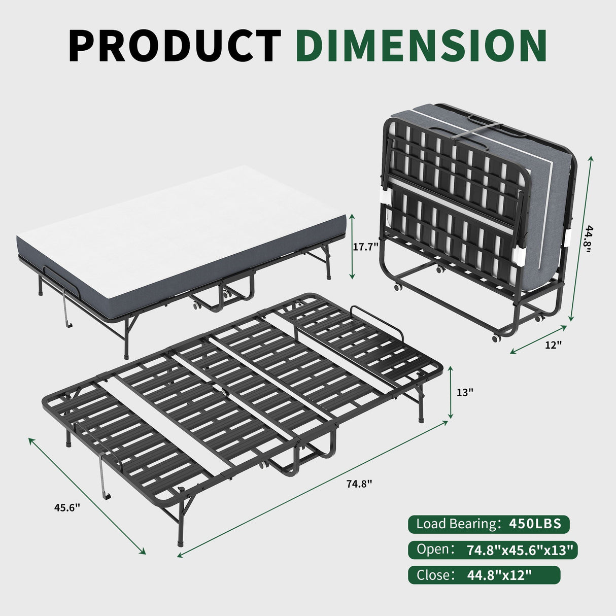 Twin Wide Folding Bed for Tall People with Memory Foam Mattress