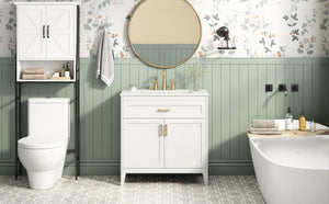 30-Inch Bathroom Vanity with Ceramic Sink Top, Soft-Close Doors, White