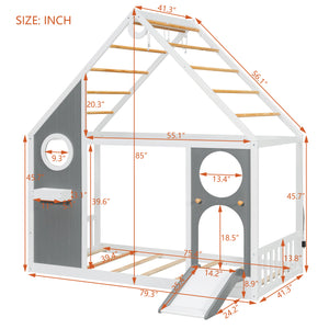 Twin House Bed with Slide, Ball Light Strip - Gray