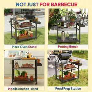 Movable Oven Table on Wheels - 3-Tier Outdoor Grill Cart