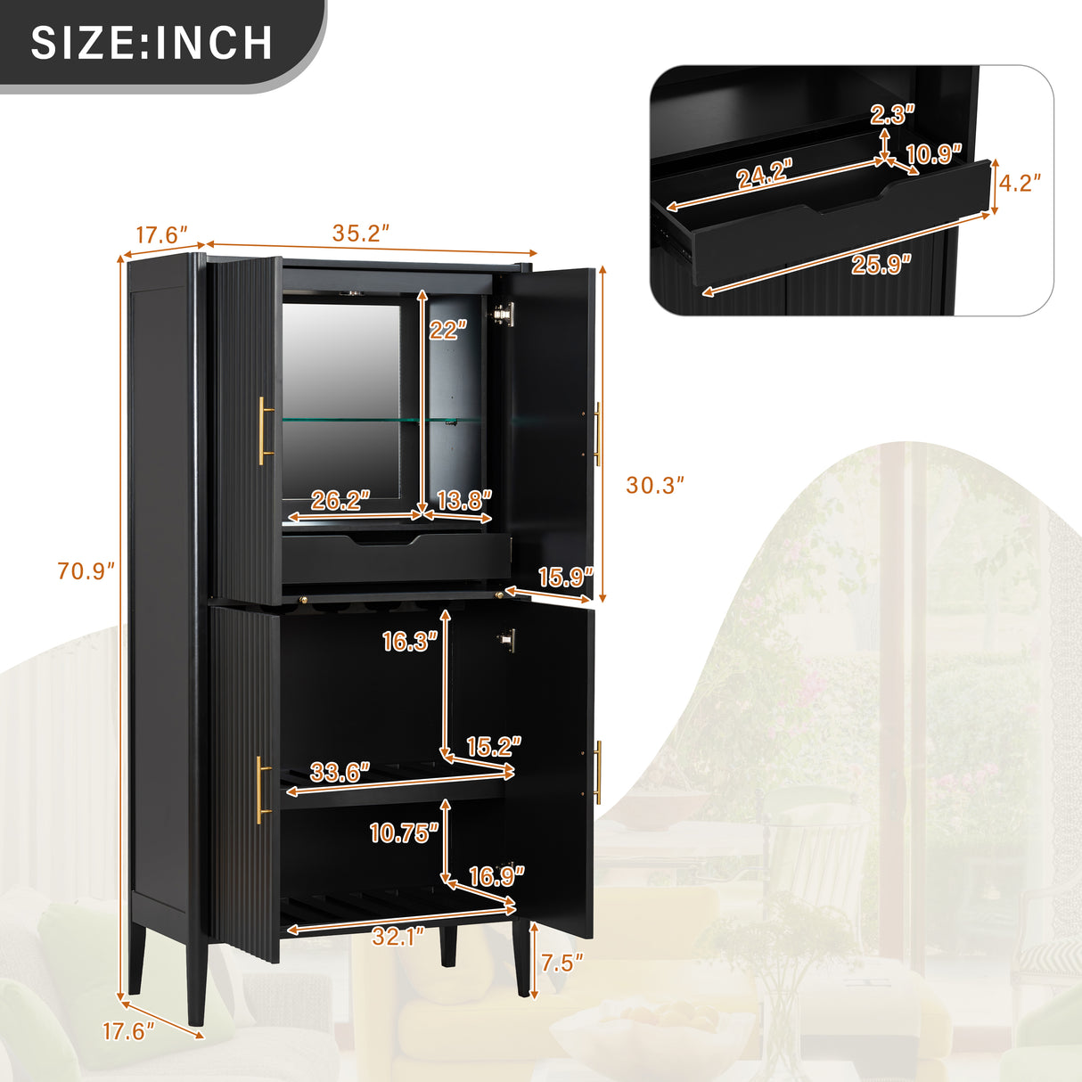 U_STYLE Modern Fluted Wine Cabinet with Glass Display & Stemware Rack