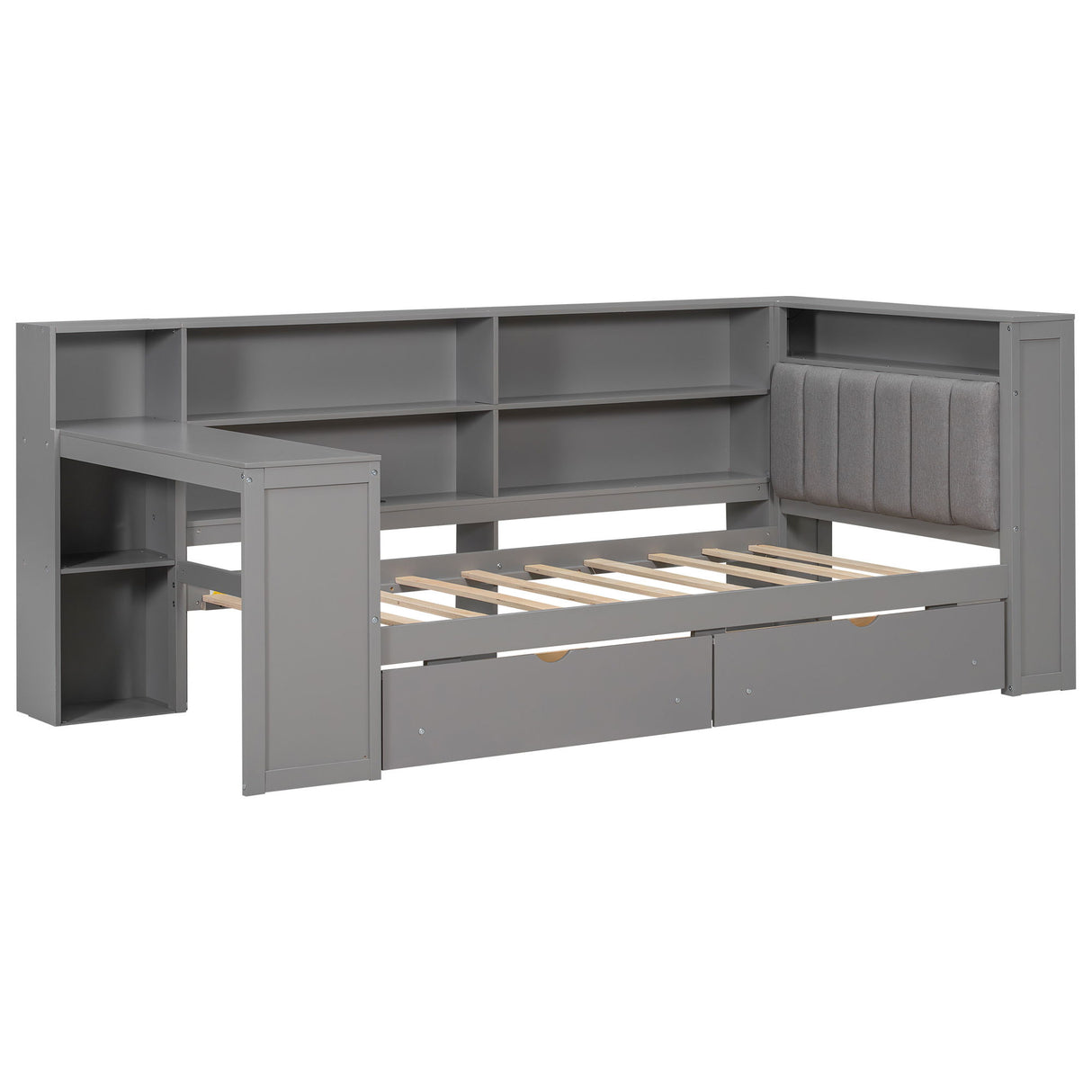 Platform Bed With Upholstered Headboard, Storage Shelves, Drawers, Charging Station, LED Lighting, Built In Desk