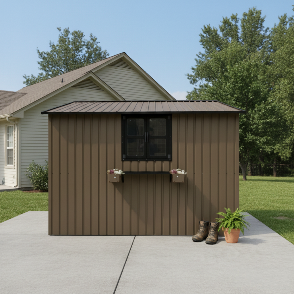 10x8 Ft Outdoor Metal Storage Shed with Window & Flower Rack