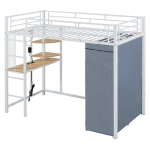Loft Bed With Desk, Shelves, Power Outlet, LED Light And Wardrobe