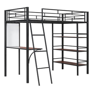 Loft Metal Bed With 3 Layers Of Shelves And Desk, Stylish Metal Frame Bed With board