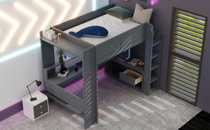 Wood Full Size Gaming Loft Bed with Desk, Multi-storage Shelves, LED and Charging Station