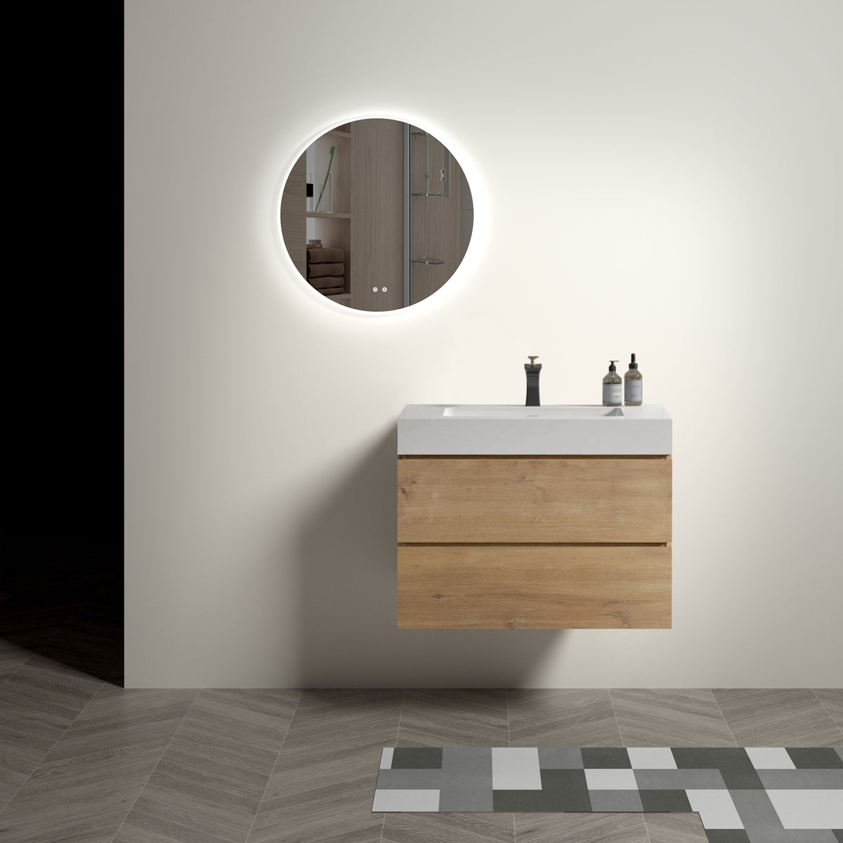 Alice 30" Wall-Mounted Bathroom Vanity, Natural Wood with Soft-Close Drawers