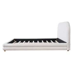 King Size Bed Frame With Boucle Upholstered Thick Curved Headboard, Solid Wood Legs