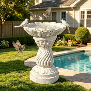 Garden Bird Bath Statue with Decorative Basin - Resin - 16.54" High