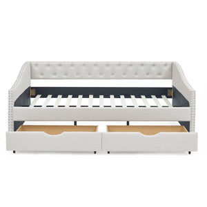 Upholstered Tufted Daybed With Drawers, Waved Arms
