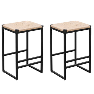 Boho Style Backless Bar Stools (Set of 2) With Paper Rope Woven Seat & Metal Frame For Kitchen Counter