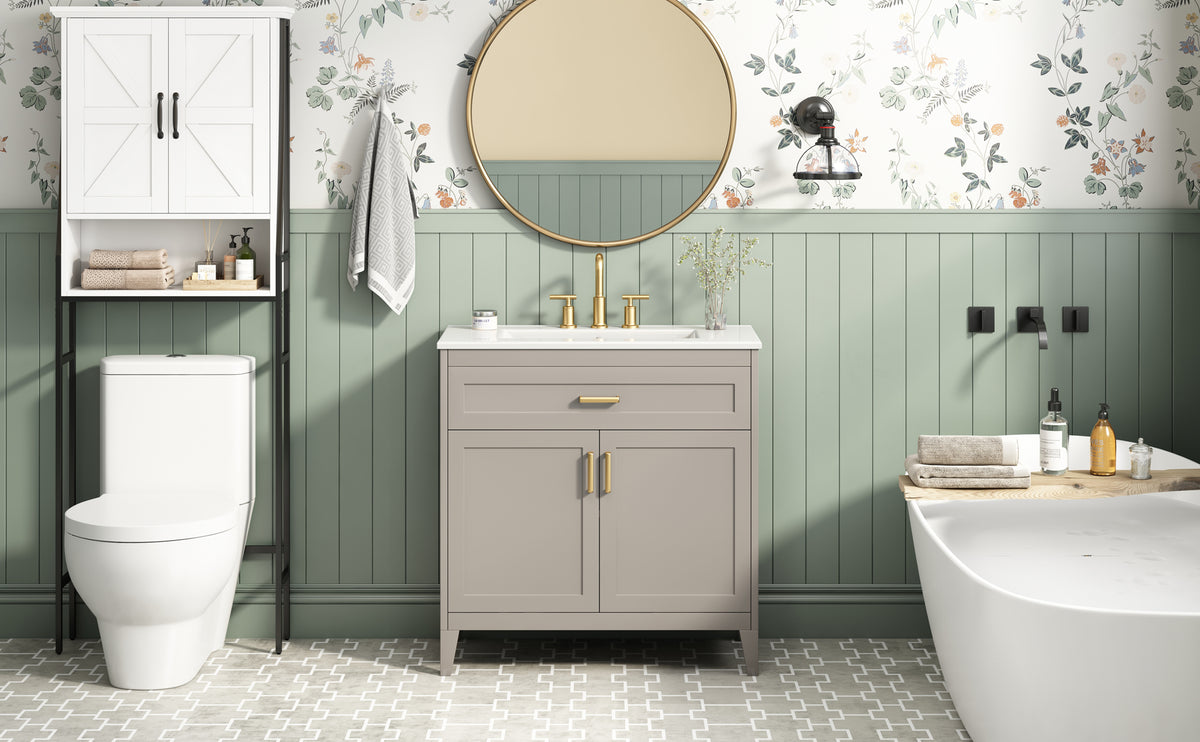 30" Bathroom Vanity with Ceramic Sink Top, Solid Wood Legs
