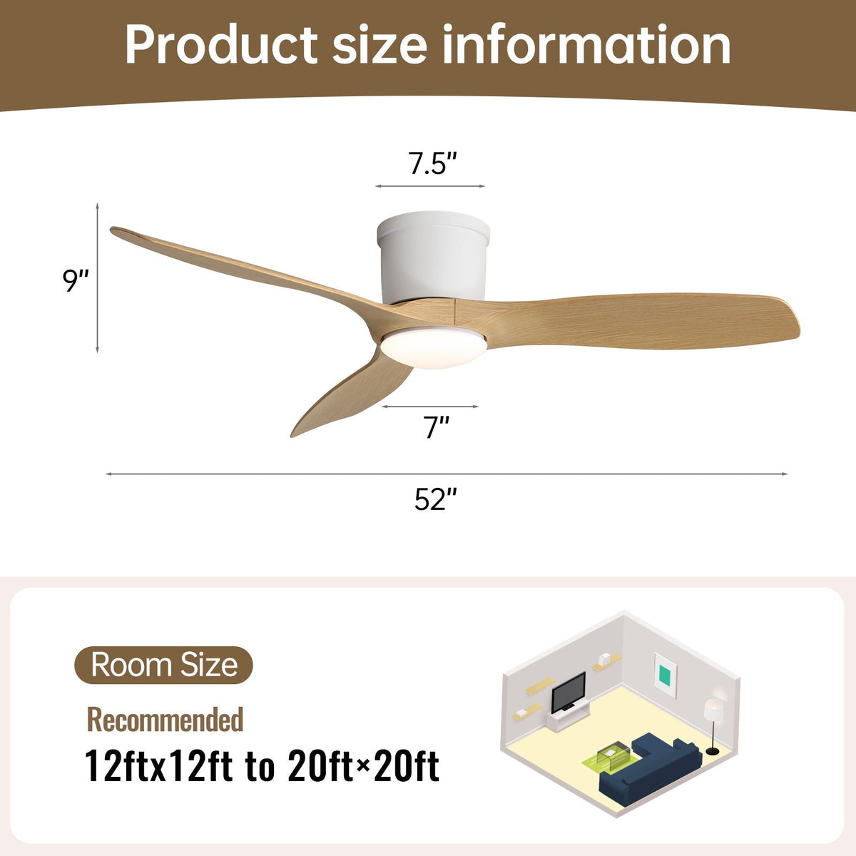 Flush Mount Ceiling Fan With Dimmable LED Light and Reversible DC Motor - view 6