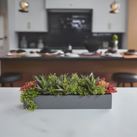 Rectangular Artificial Succulent Arrangement, Gray Planter