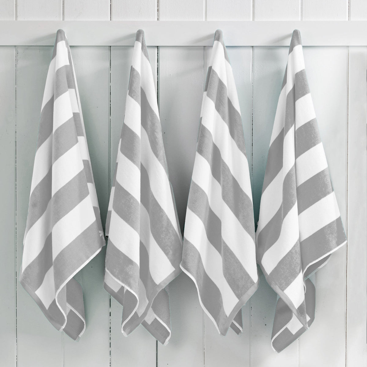 Great Bay Home Cotton Velour Cabana Stripe Beach Towel in Light Grey
