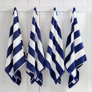 Great Bay Home Cotton Velour Cabana Stripe Beach Towel in Navy